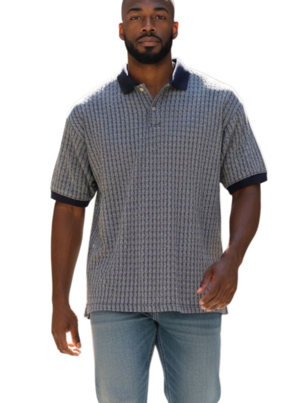 Men's Grey Textured Polo with Navy Contrast Trim